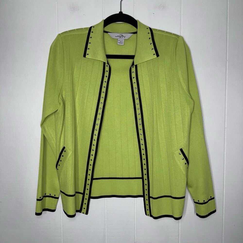 Ming Wang Women’s Open Front Knit Cardigan Jacket Lime Green Stud Detail Size S